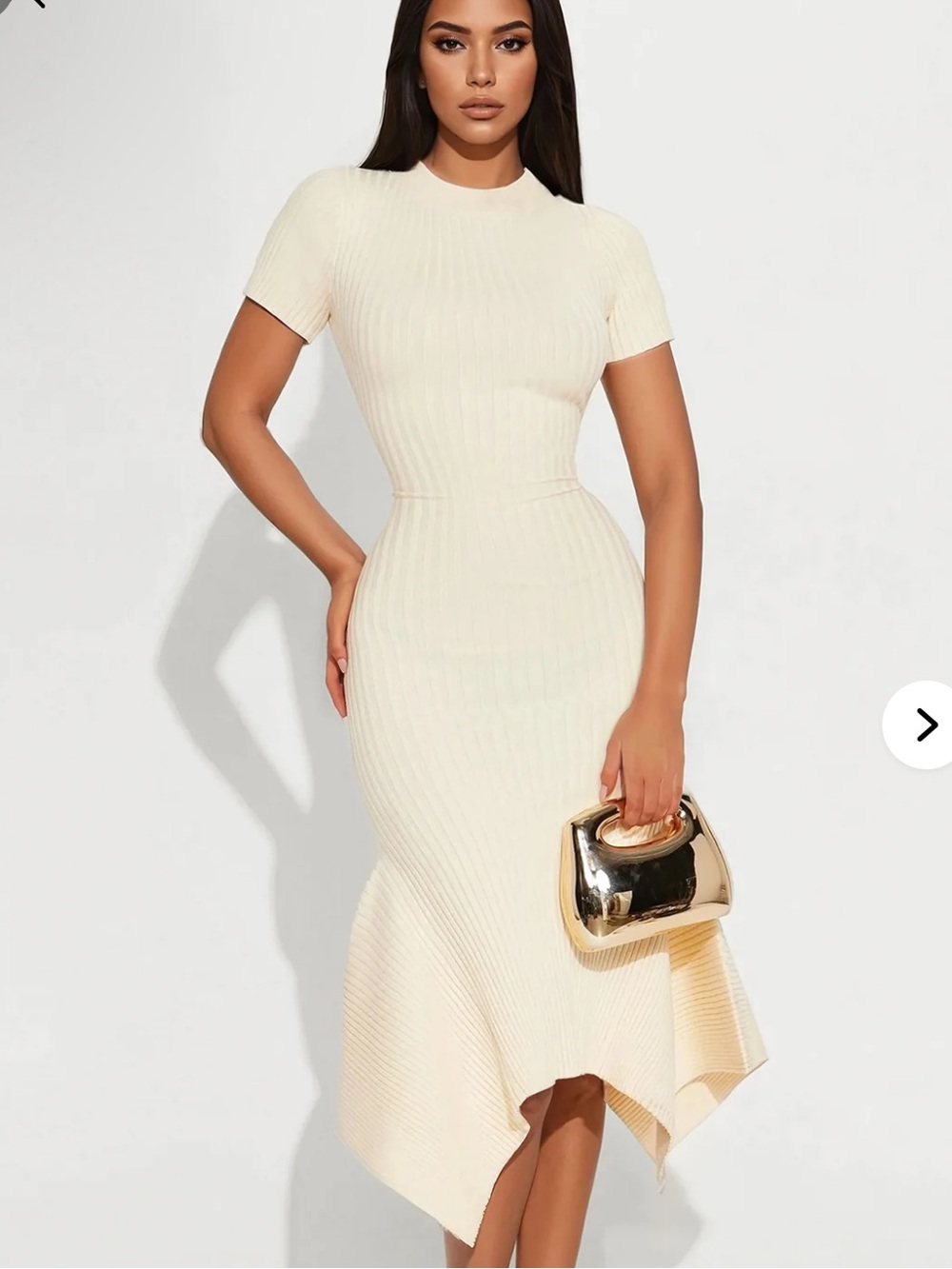 Fashion Nova Cream Ribbed High-Low Knit Midi Dress